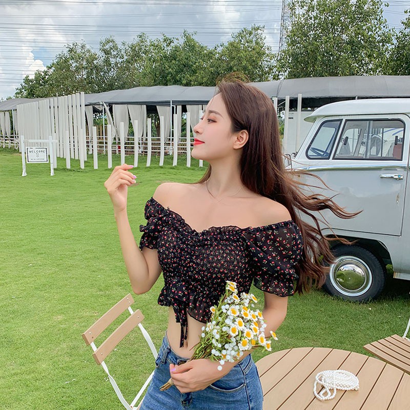 Áo kiểu chiffon nữ cổ vuông in hoa xinh xắn