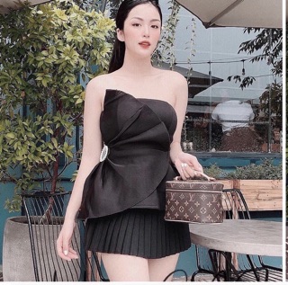 Set áo phi nơ cúp ngực eo khoen+ váy dập ly xoè