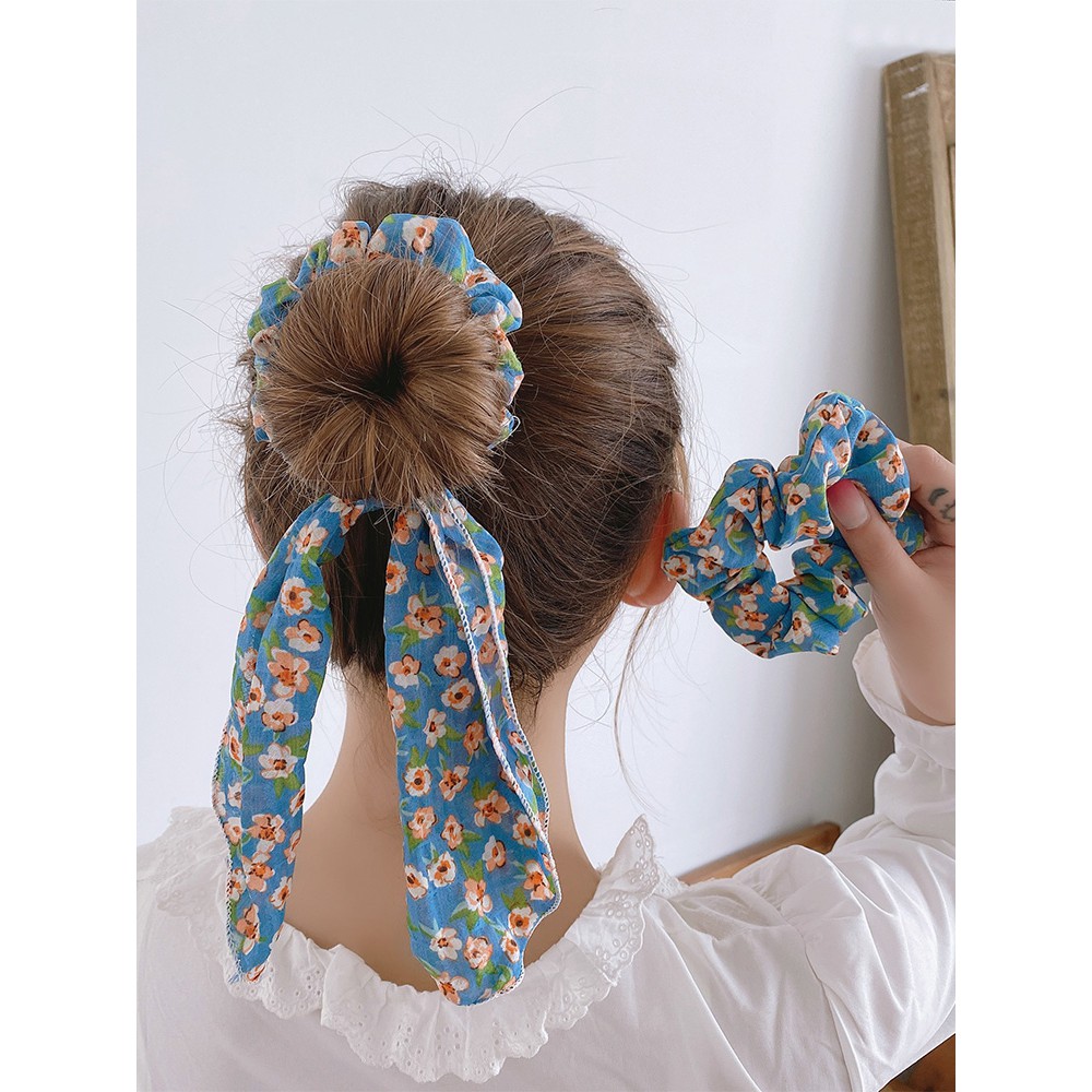 Scrunchie Cột Tóc Vải Xanh Dương Hoa Cúc Retro 3 Kiểu Xinh Đẹp