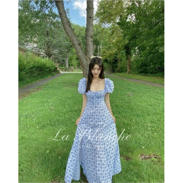 Váy hoa nhí midi xanh dương nhún ngực xẻ tà