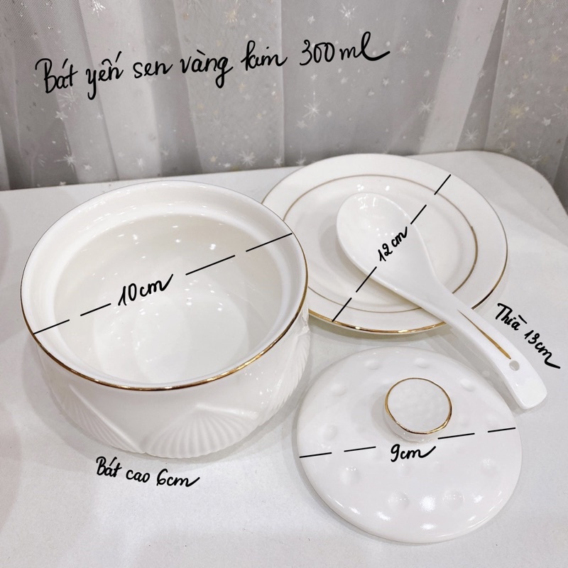 Bát có nắp dáng đài sen trắng, chén yến vẽ vàng kim cao cấp (kèm thìa và đĩa lót)