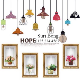 Decal dán tường Combo 2 tranh dây đèn thả + 4 bình hoa