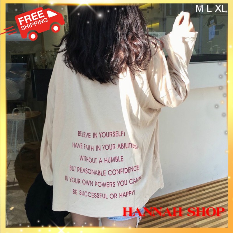 Áo Thun Tay Dài Thu Đông Ulzzang Phong Cách Hàn Quốc Form Rộng Unisex In Chữ Sau Lưng BELIEVE - Ảnh thật ở cuối