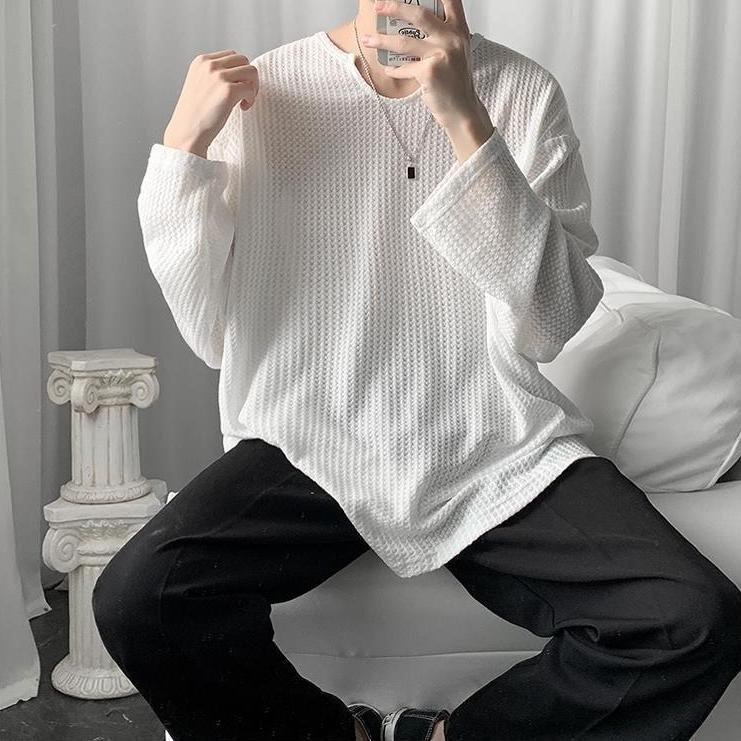 Áo thun dệt kim tay dài dáng rộng thời trang xuân thu phong cách Hong Kong dành cho nam nữ