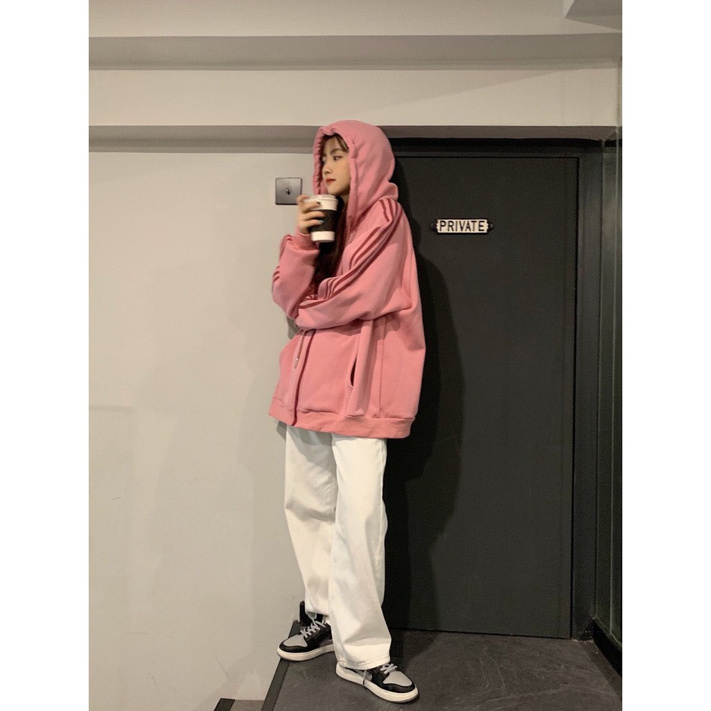 Áo Khoác Nỉ Hồng 4 Sọc Nữ ⚡ Casper.Store | FREESHIP | ⚡ Hoodie kẻ sọc tay mùa đông form rộng, thiết kế đơn giản