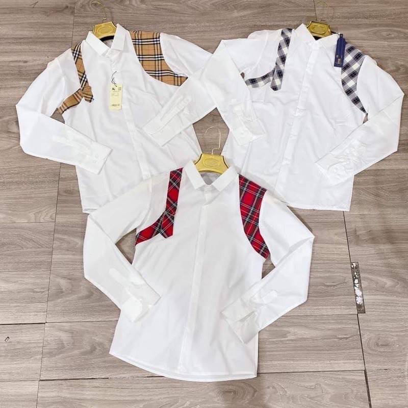 Áo sơ mi trắng MCQ phối kẻ vai bbr cực đẹp,viền kẻ ba màu siêu Hot