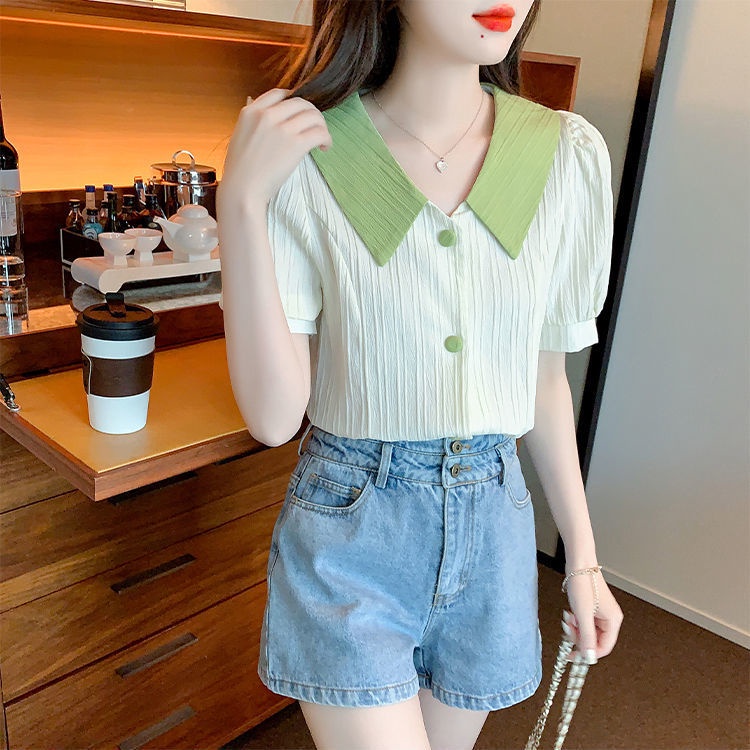 Áo Sơ Mi Tay Ngắn Phồng Cổ Bẻ Thời Trang Mùa Hè Phong Cách Mới Cho Nữ