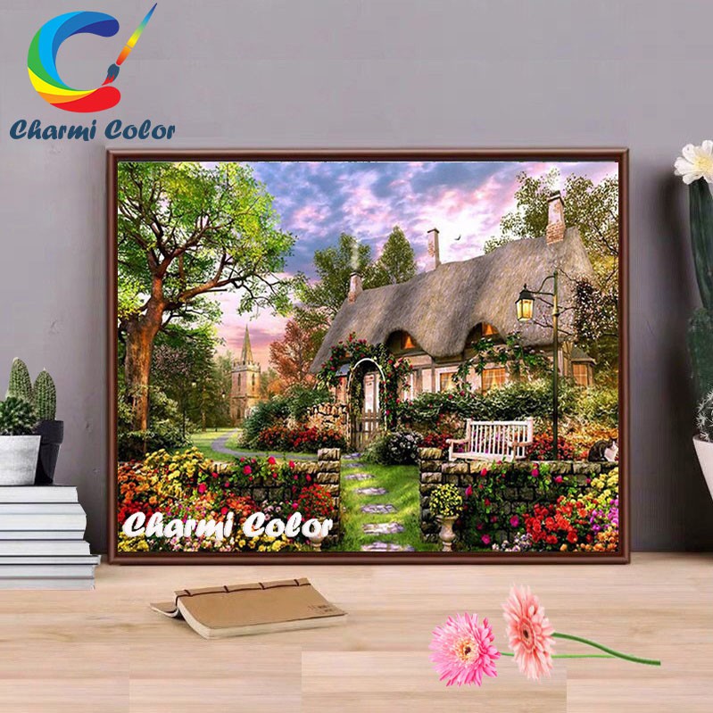 Tranh sơn dầu số hoá đã căn khung 40x50 cm KZY5388 Biệt thự cổ tích