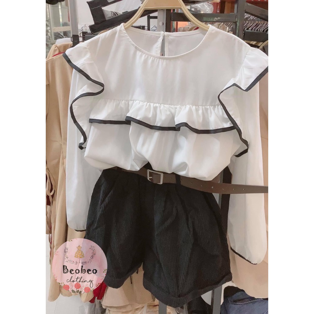 Áo babydoll sơ mi tay bo phồng bèo viền đen dễ thương