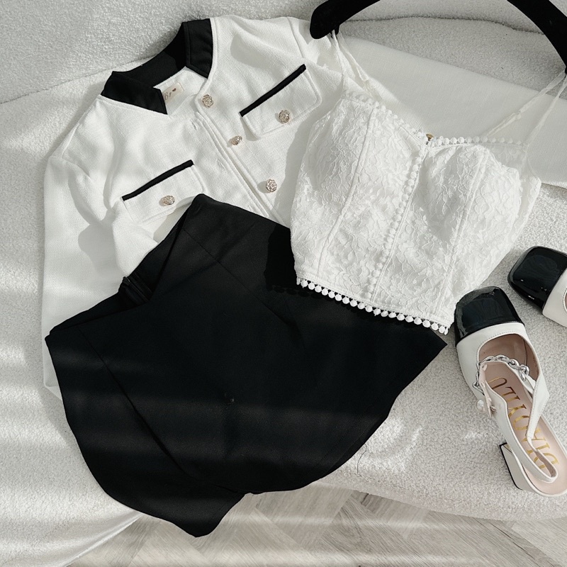 SET 3 MÓN: KHOÁC DẠ TRẮNG VIỀN CỔ ĐEN + CROP 2S REN + CHÂN VÁY ĐEN