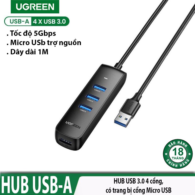 Bộ chia USB 3.0 1 ra 4 cổng Chính Hãng Ugreen 80657 Màu Đen CM146 (Dây dài 1m, cổng Micro USB cấp nguồn) Cao cấp