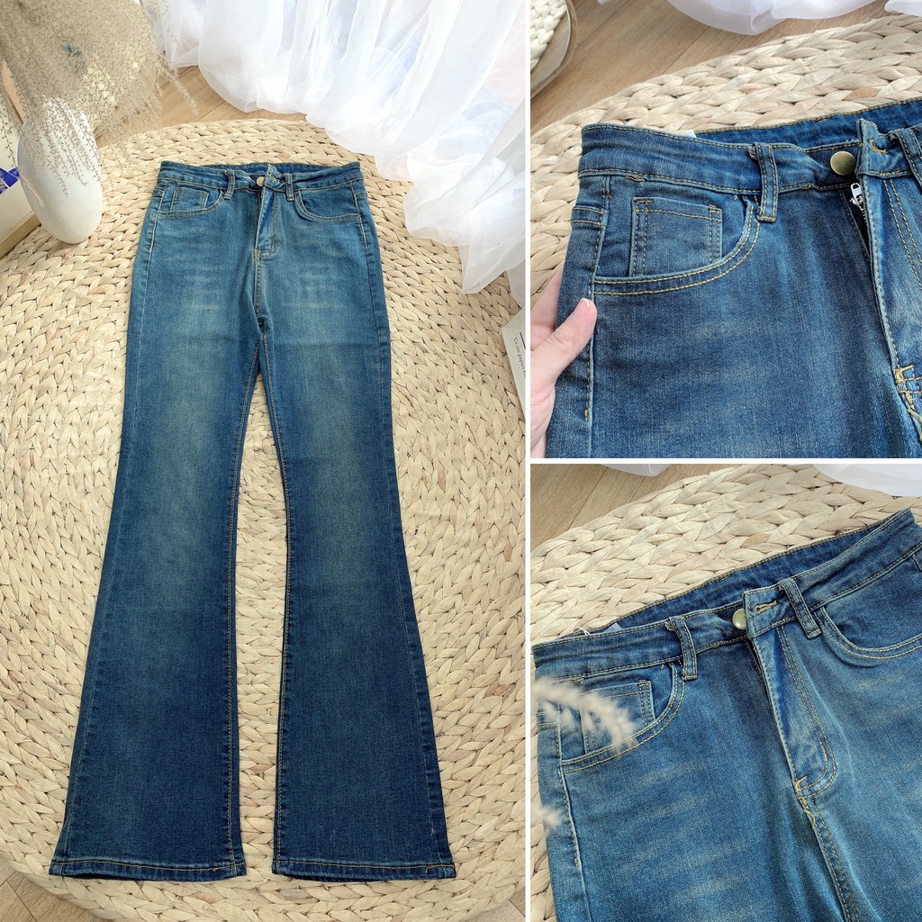 Quần jean ống loe dài lưng cao WANAWEAR quần bò nữ trend siêu tôn dáng hàng QC chất đẹp màu xanh, đen