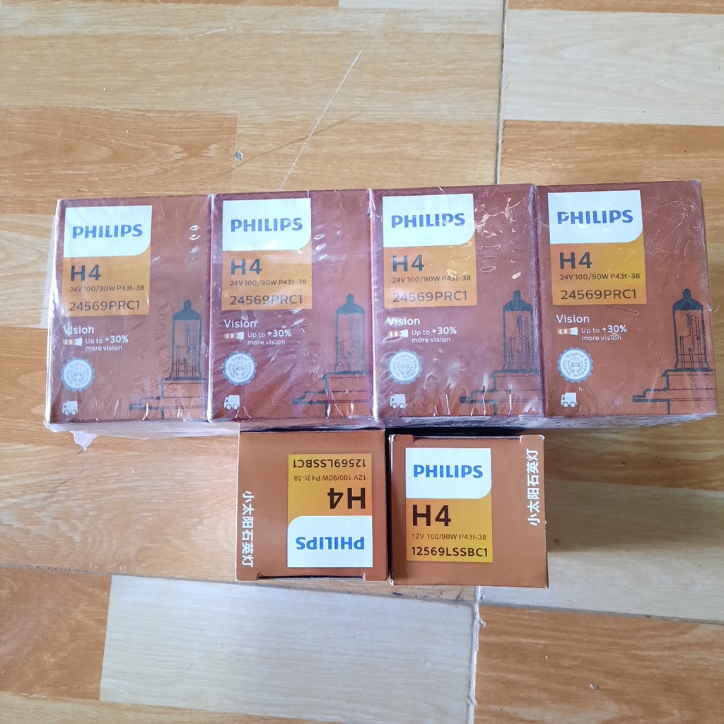 Bóng đèn pha xe máy, xe tải, xe con, bóng Halogen chân H4 12, 24v. Loại tăng cường sáng +30%, hàng Philip
