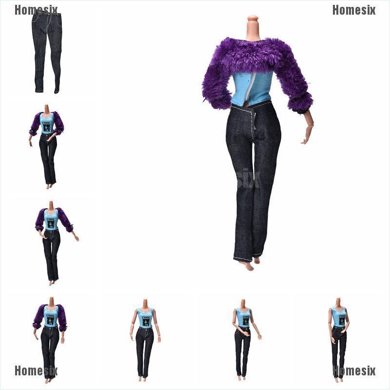 [HoMSI] 3 Pcs/Set Fur Coat Suit for Barbie Dolls Black Pants Fur Purple Coat Fashion Kid SUU