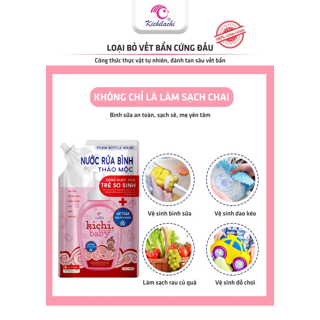 Nước rửa bình thảo mộc KICHILACHI, rửa bình và dụng cụ ăn dặm cho bé an toàn, không độc hại, hàng chuẩn công ty