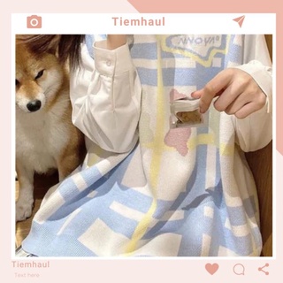 Áo gile len bigsize cổ tròn dáng dài hàn quốc,áo gile học sinh from rộng oversize mùa hè màu xanh màu hồng