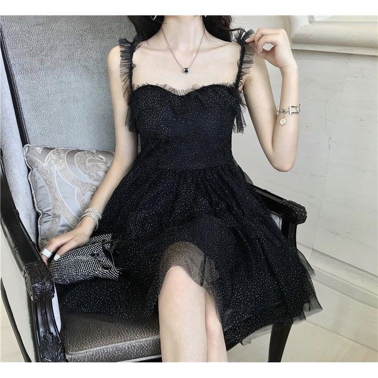 Đầm nữ 2 dây ngắn váy xòe chấm bi đen bling bling ulzzang