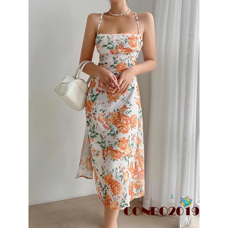 Hgm-đầm Hai Dây Xẻ Tà Cao Hở Lưng In Hoa Xẻ Tà Cao Cho Nữ