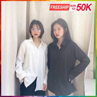 Áo sơ mi nữ form rộng trơn basic unisex dài tay trắng và đen chất cotton lụa hàn mịn mát, áo sơ mi nữ bigsize suông sm1