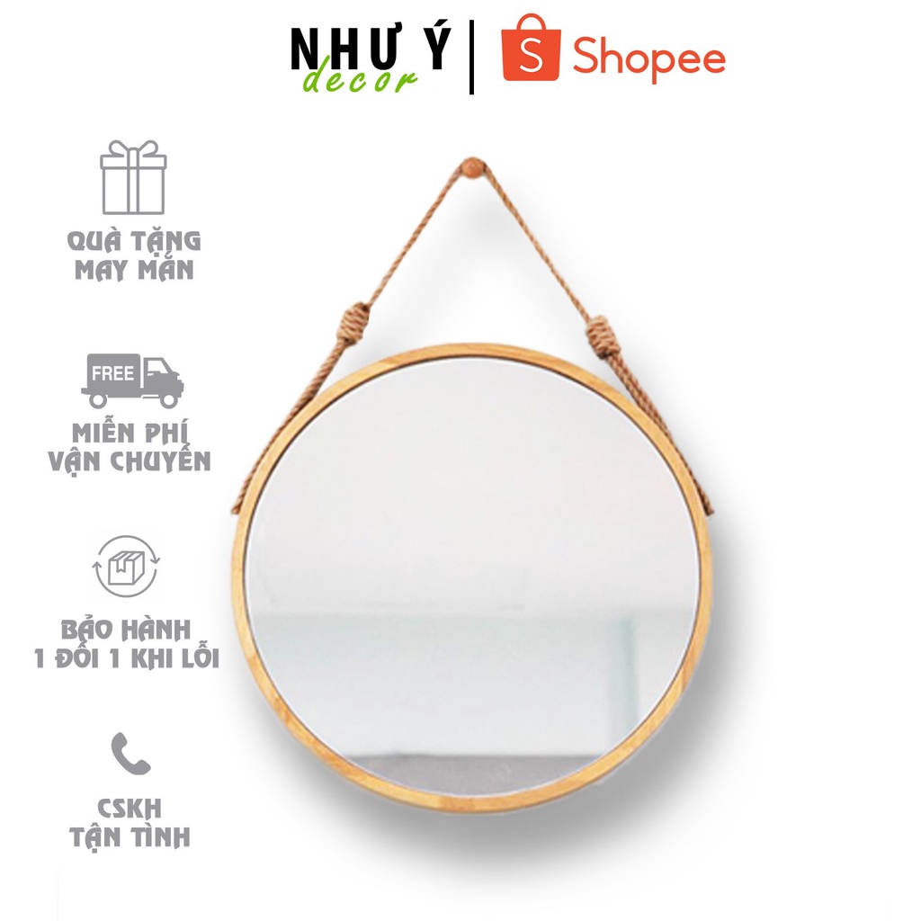 Gương tròn treo tường gỗ thông ⭐RẼ NHẤT SHOPEE⭐ cao cấp D50 cho nhà tắm trang điểm phòng ngủ [Tặng Kèm Dây Và Núm Gỗ]