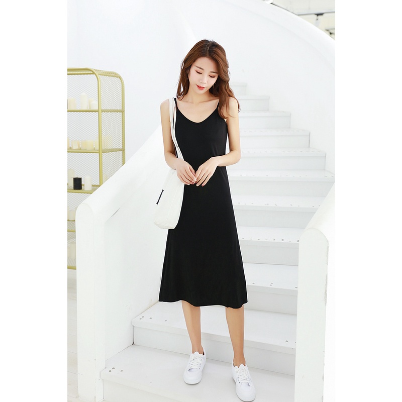 Đầm nữ 2 dây basic trơn, Đầm thun nữ dáng dài nhiều màu Db09