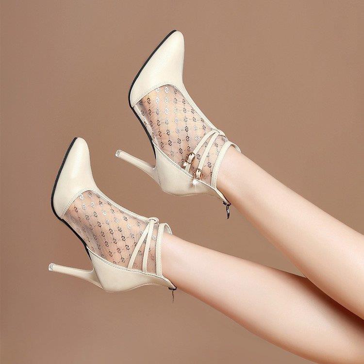 ✣⊕┅Net gauze sandals women 2021 new pointed-toe boots fine-heeled hollow high-heel Baotou Roman