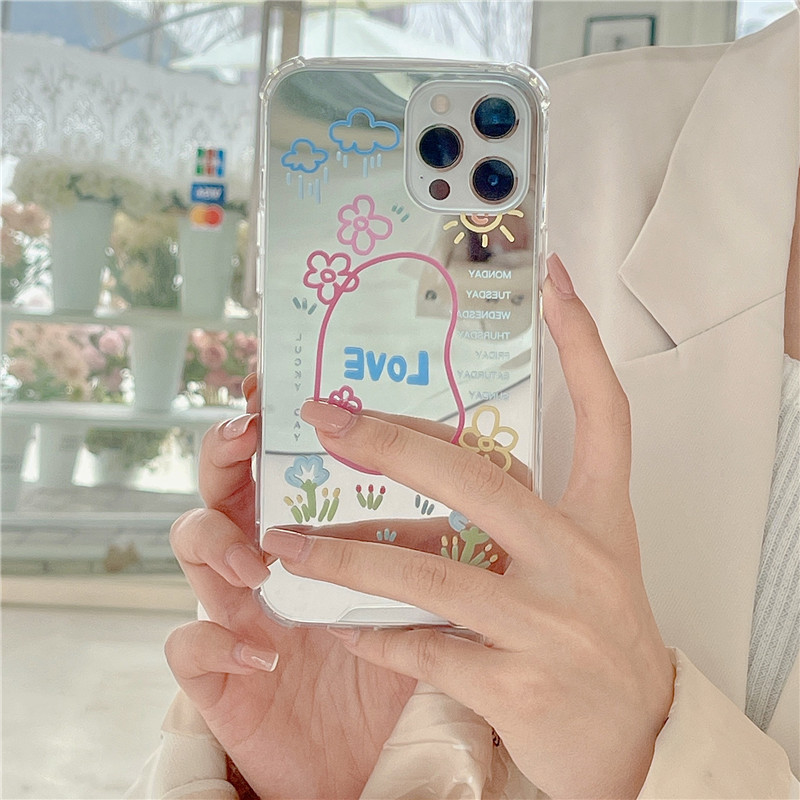 Ốp điện thoại tráng gương in hoa graffiti và chữ love cho iPhone Xs Max 11 / 12pro / Max / X / XS / XR / SE