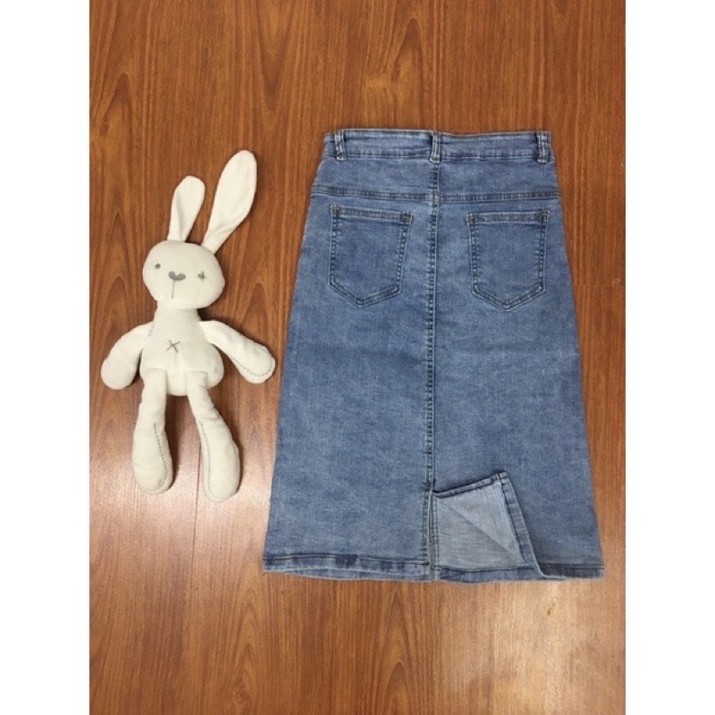 Chân váy jean chữ A dáng dài lưng thun co giãn