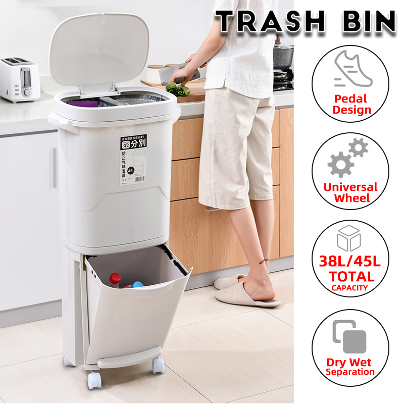 Thùng Đựng Rác 2 Tầng Sức Chứa Lớn 38 / 45l Có Bánh Xe Tiện Dụng Cho Gia Đình