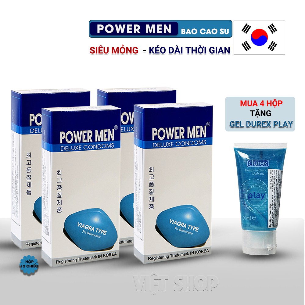 [Bộ Tứ] Bao Cao Su Power Men Viagra Type Cao Cấp Hàn Quốc. Bcs Siêu Mỏng Trơn Chống Xuất Tinh Sớm + Tặng Gel Bôi Trơn