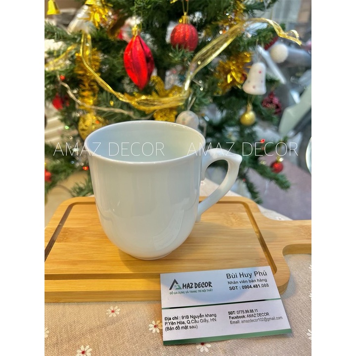 Tách ly cốc gốm sứ uống nước cà phê trà có quai ngọn lửa Bát Tràng cao  trắng trơn 400ml C6029 thanh lịch chlượng
