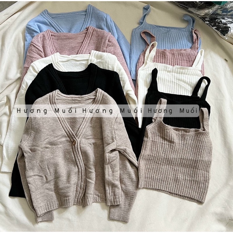 Set áo cardigan len 1 cúc kèm áo 2 dây len bản to