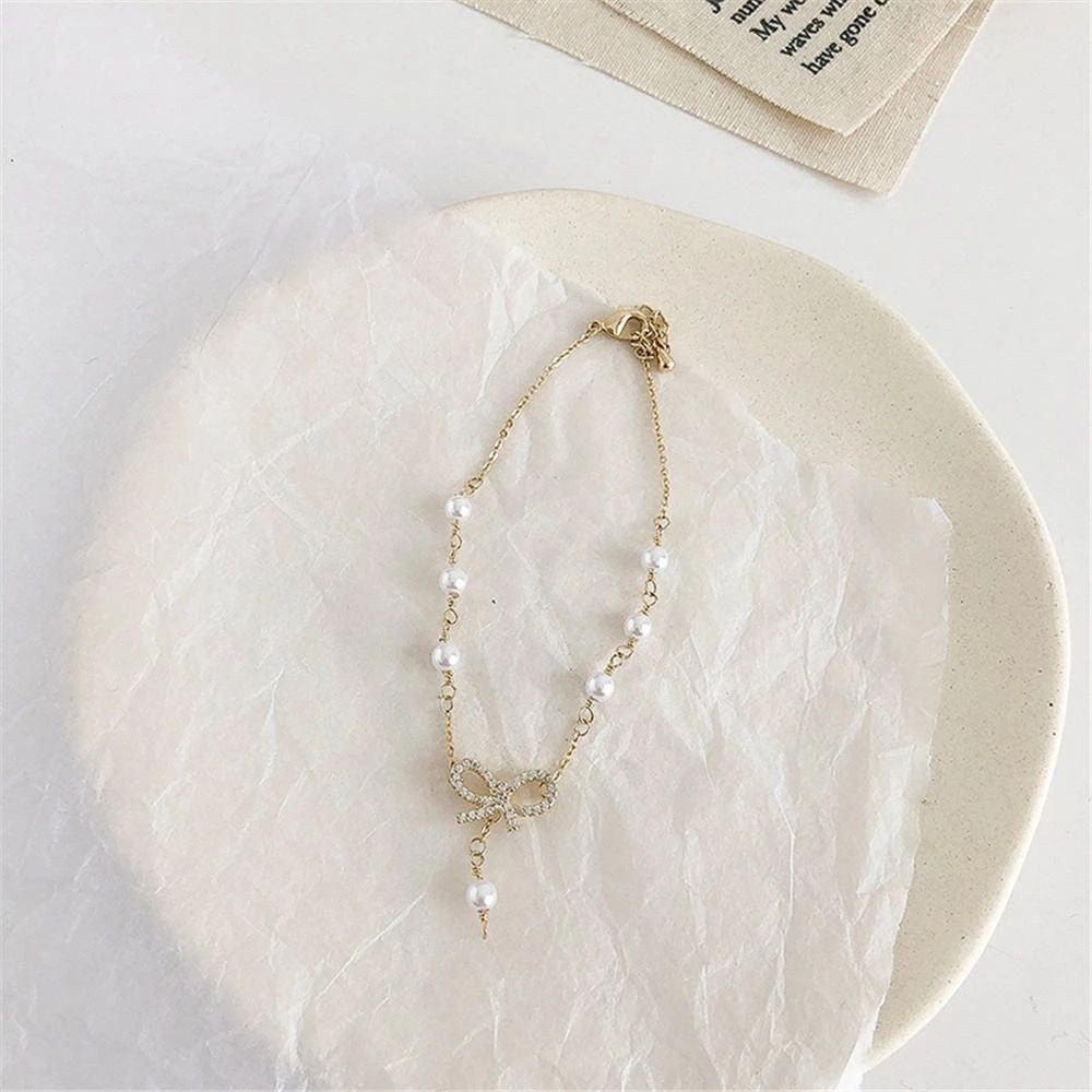 Vòng Tay Hình Nơ Bằng Hợp Kim Đính Ngọc Trai Phong Cách Hàn Quốc Thời Trang Cho Nữ