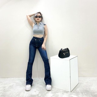 Quần jeans loe cúc lệch dáng dài