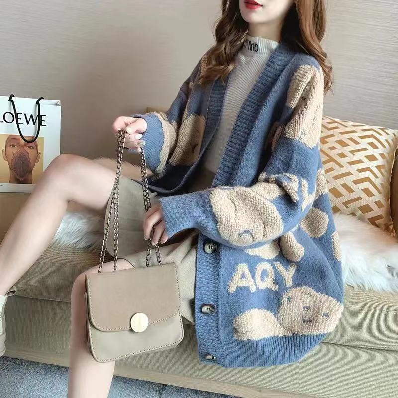 Hàng Sẵn_ Áo khoác len cardigan họa tiết gấu nhỏ phong cách Hàn Hadu shop