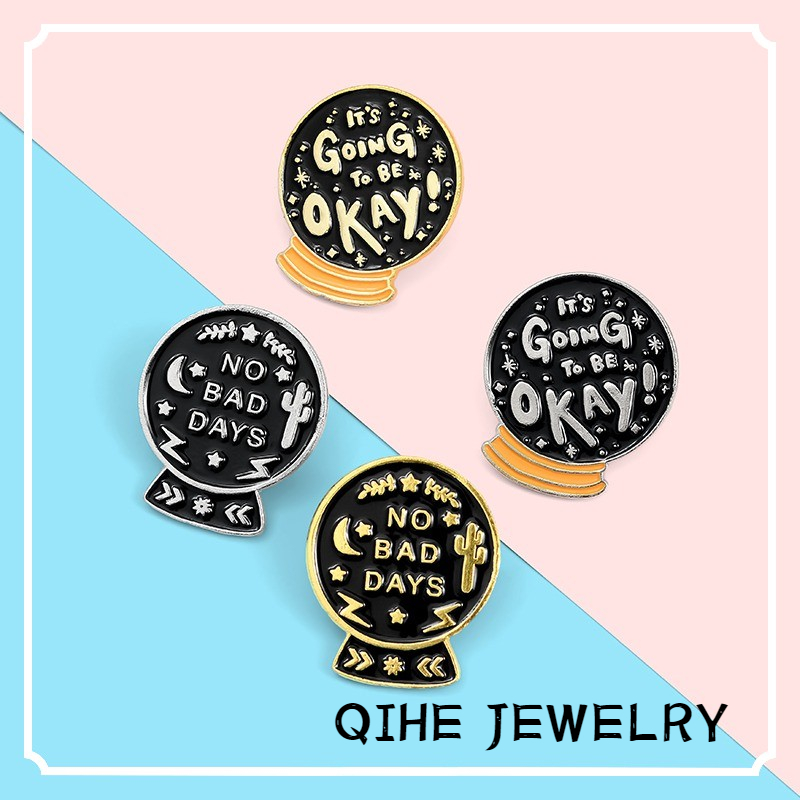 Ghim cài ve áo/ túi xách QIHE JEWELRY tráng men hình quả cầu pha lê in họa tiết chữ độc đáo thích hợp làm quà tặng