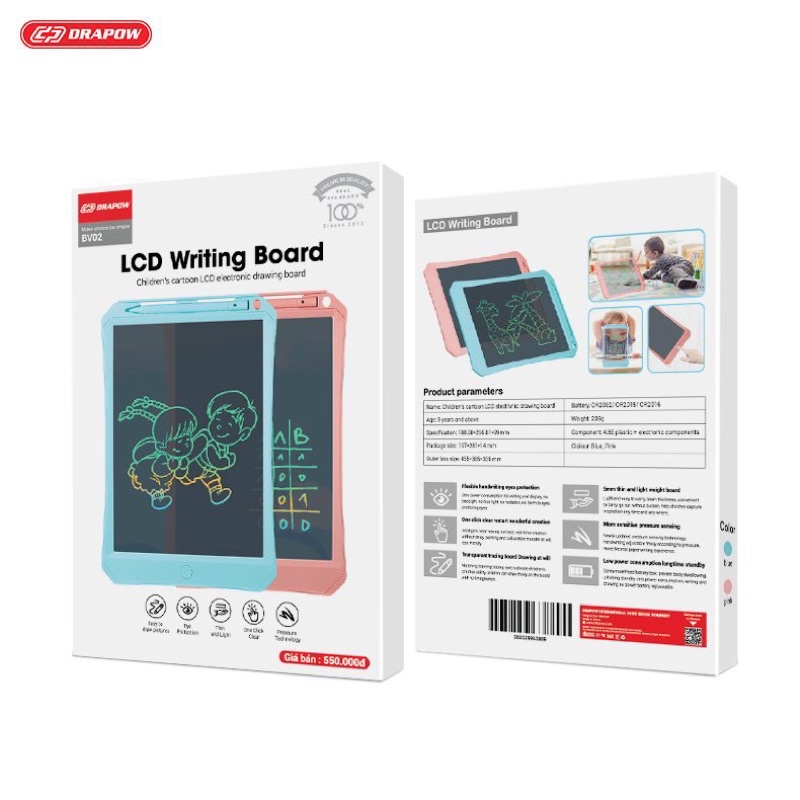 Bảng vẽ tự xoá LCD Drapow BV02 công nghệ xuyên thấu điện tử xoá 1 chạm, bút cảm ứng cho trẻ em