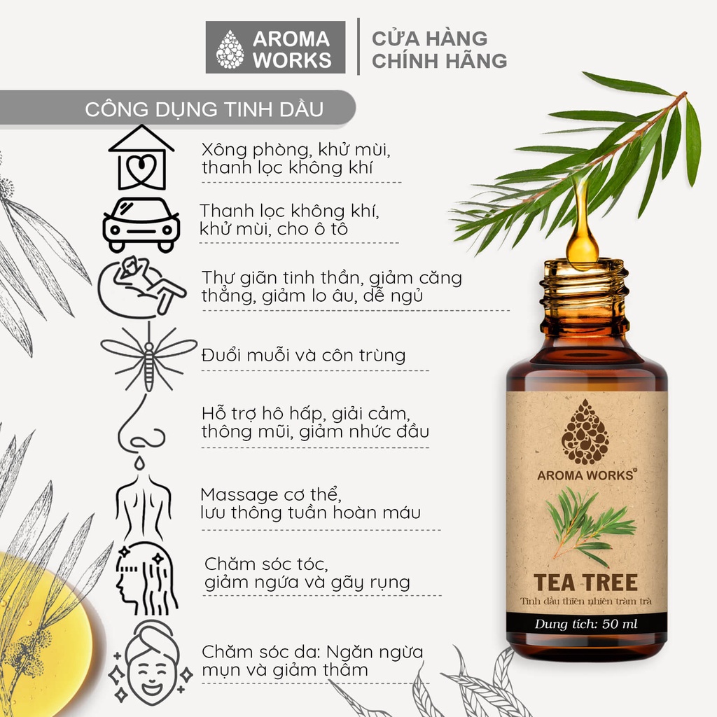 Tinh Dầu Tràm Trà Aroma Works Xông Phòng, Ngăn Ngừa Mụn, Đuổi Muỗi, Khử Mùi - Tea Tree