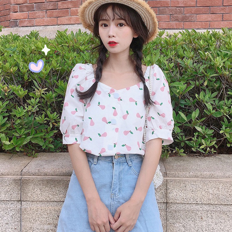 Áo kiểu nữ ngắn tay in họa tiết trái cây xinh xắn | BigBuy360 - bigbuy360.vn