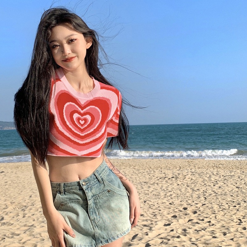 Áo Thun Dệt Kim Tay Ngắn Cổ Tròn In Hình Trái Tim Thời Trang Dành Cho Nữ