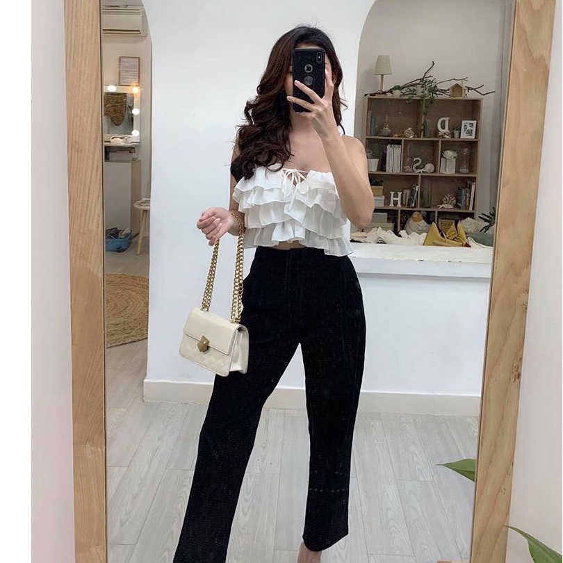 Áo croptop 2 dây hở lưng, Áo 2 dây croptop bèo tầng màu trắng đen