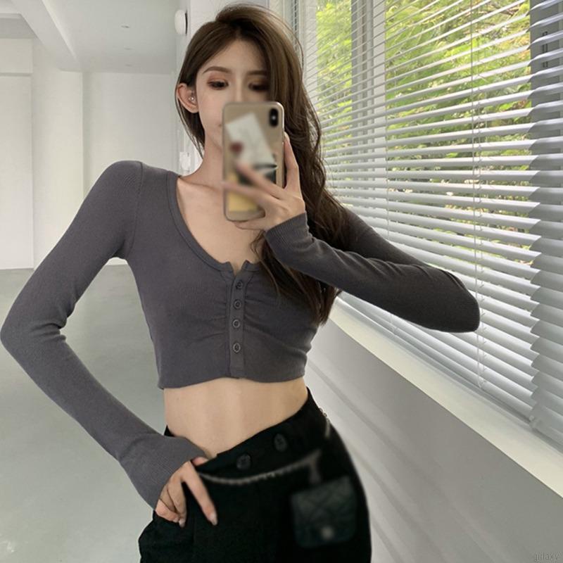 Áo Croptop Dệt Kim Tay Dài Màu Sắc Đơn Giản Phong Cách Hàn Quốc