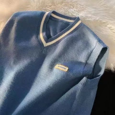 Áo sweater dệt kim sát nách dáng rộng cổ chữ V in màu đơn giản bắt mắt