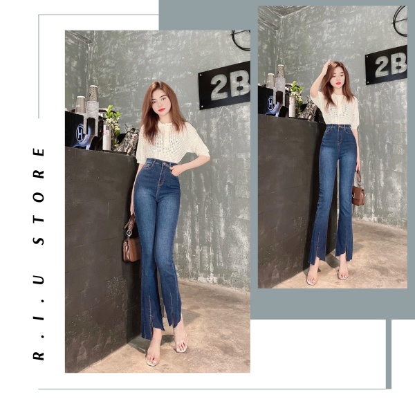 Quần Jean Nữ Ống Loe Cạp Cao Lai cắt chéo r.i.u store