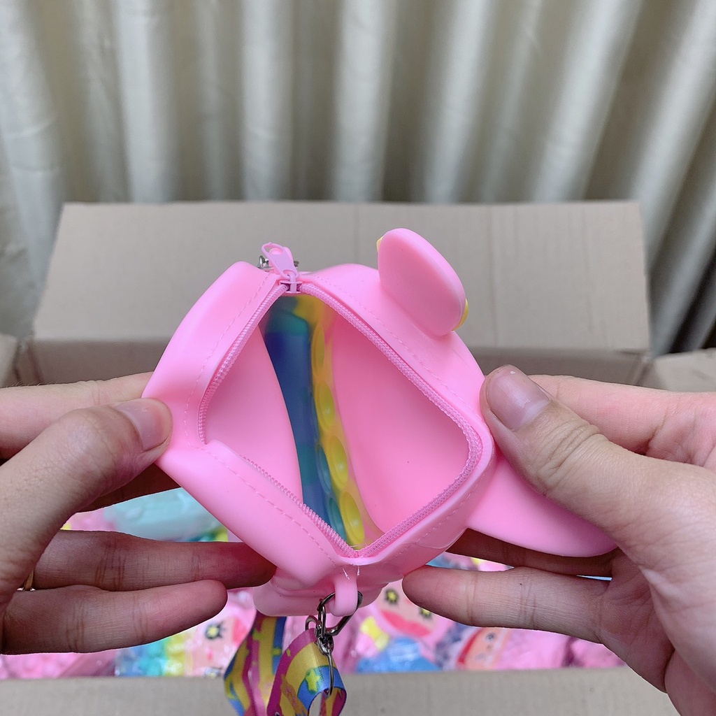 Túi đeo chéo cho bé gái trai xinh, túi pop it silicon mini trẻ em hình thú đi chơi kèm dây đeo