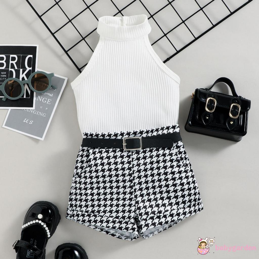 Set Áo Không Tay Cổ Đứng + Quần Short Màu Trơn Kèm Thắt Lưng Dành Cho Bé Gái 4 Tuổi