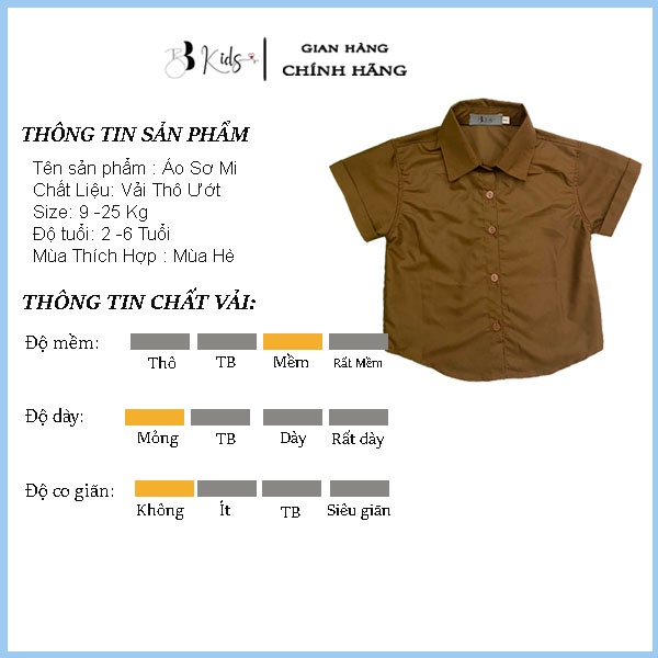 Áo Sơ Mi Ngắn Tay BB Kids Phong Cách Hàn Quốc Cho Bé Trai ( Màu Nâu)