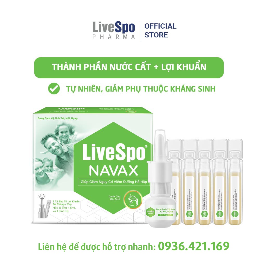 Bình xông xịt mũi - nước muối sinh lý bào tử lợi khuẩn LiveSpo Navax Family - Làm sạch và thông đường hô hấp 5 ống x 5ml