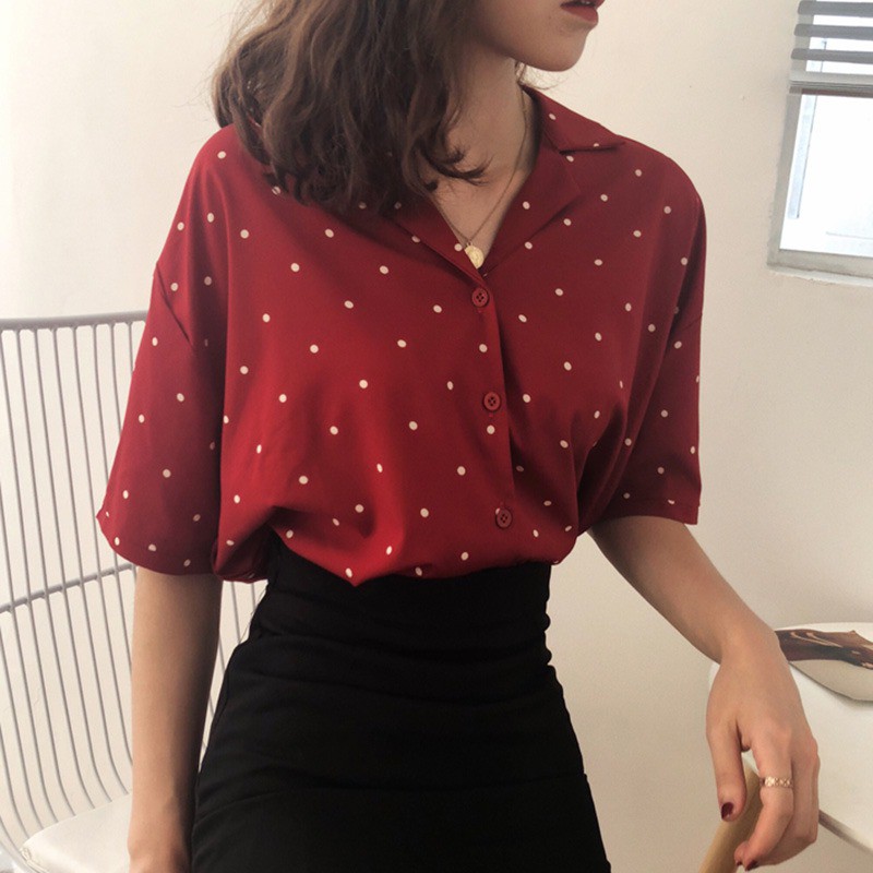 [Baywellfashion]Áo kiểu vải voan tay ngắn hoạ tiết chấm bi thanh lịch dành cho nữ | BigBuy360 - bigbuy360.vn