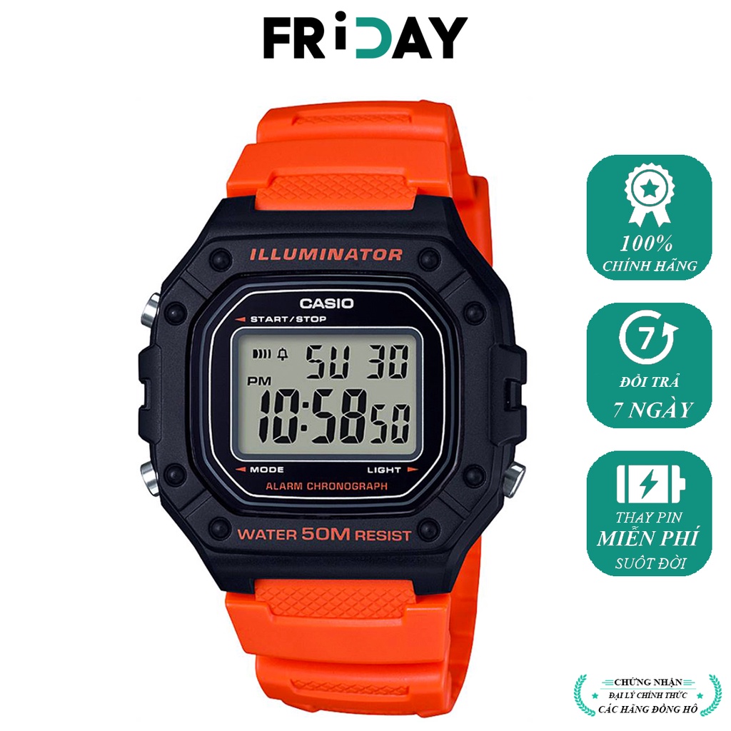 Đồng hồ nam Casio W-218H dây cao su chống nước có đèn led